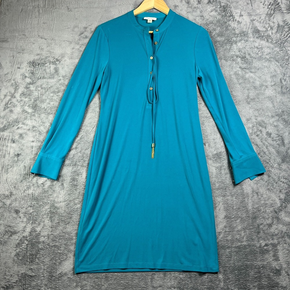 Calvin Klein Tunic Dress Womens 6 Turquoise Mandarin Collar Gold Tone Button